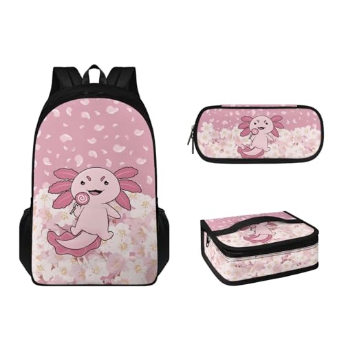 Suhoaziia Schulrucksack-Set mit Lunchbox und Federmäppchen für Jungen, Mädchen, Teenager, leicht, 3-teiliges Set, Axolotl Kirschblüte, Tagesrucksack von Suhoaziia