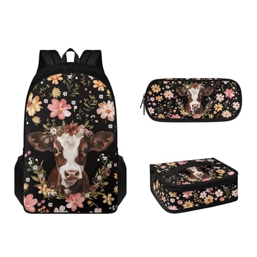 Suhoaziia Schulrucksack-Set mit Lunchbox und Federmäppchen für Jungen, Mädchen, Teenager, leicht, 3-teiliges Set, Braune Kuhblumen, Tagesrucksäcke von Suhoaziia