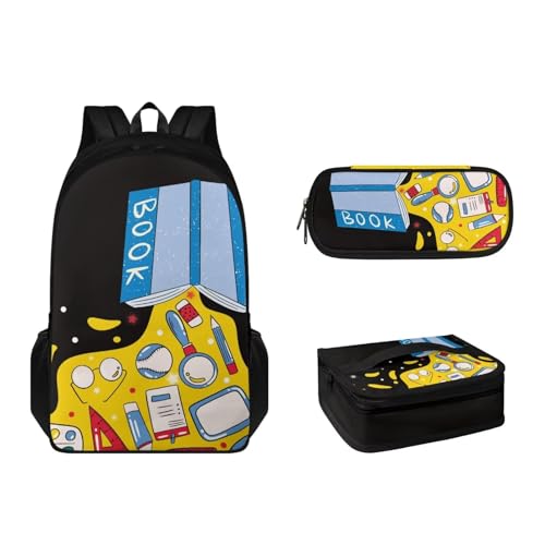 Suhoaziia Schulrucksack-Set mit Lunchbox und Federmäppchen für Jungen, Mädchen, Teenager, leicht, 3-teiliges Set, Briefpapierdruck, Tagesrucksack von Suhoaziia