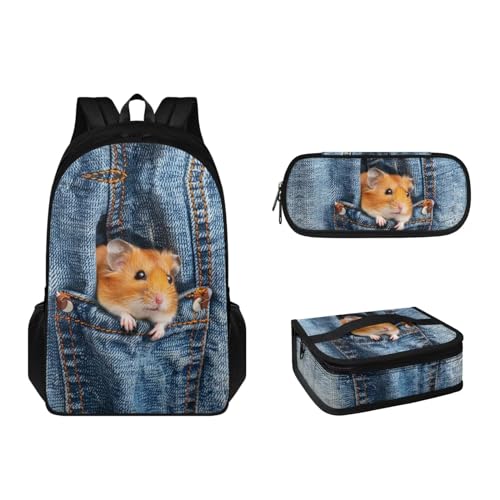 Suhoaziia Schulrucksack-Set mit Lunchbox und Federmäppchen für Jungen, Mädchen, Teenager, leicht, 3-teiliges Set, Denim-Hamster, Tagesrucksäcke von Suhoaziia