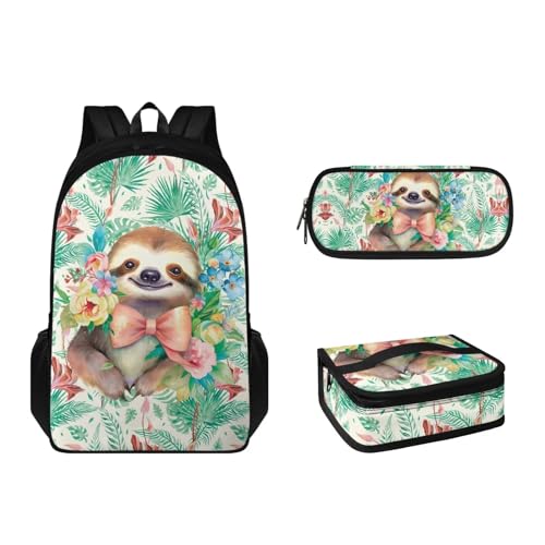 Suhoaziia Schulrucksack-Set mit Lunchbox und Federmäppchen für Jungen, Mädchen, Teenager, leicht, 3-teiliges Set, Faultier Floral, Tagesrucksäcke von Suhoaziia