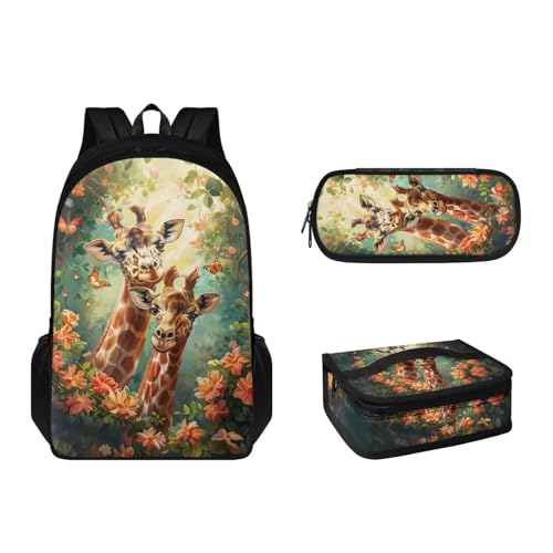 Suhoaziia Schulrucksack-Set mit Lunchbox und Federmäppchen für Jungen, Mädchen, Teenager, leicht, 3-teiliges Set, Giraffenwald, Tagesrucksäcke von Suhoaziia