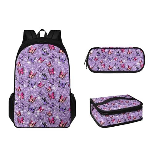 Suhoaziia Schulrucksack-Set mit Lunchbox und Federmäppchen für Jungen, Mädchen, Teenager, leicht, 3-teiliges Set, Schmetterling lila, Tagesrucksäcke von Suhoaziia