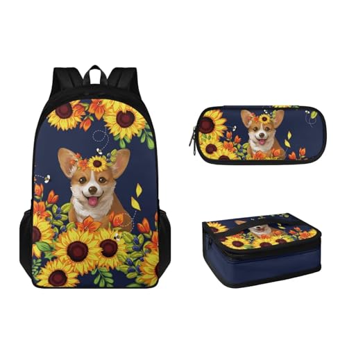 Suhoaziia Schulrucksack-Set mit Lunchbox und Federmäppchen für Jungen, Mädchen, Teenager, leicht, 3-teiliges Set, Sonnenblumen-Corgi, Tagesrucksäcke von Suhoaziia