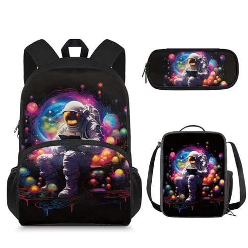 Suhoaziia Schulrucksäcke, 3-teiliges Set für Teenager, Jungen, Mädchen, Laptop-Reiserucksäcke mit Lunchtasche und Federmäppchen, Astronaut Planet, Tagesrucksäcke von Suhoaziia