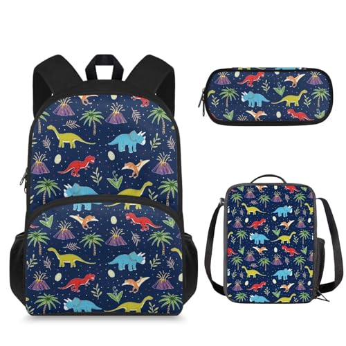 Suhoaziia Schulrucksäcke, 3-teiliges Set für Teenager, Jungen, Mädchen, Laptop-Reiserucksäcke mit Lunchtasche und Federmäppchen, Cartoon Dinosaurier, Tagesrucksack von Suhoaziia