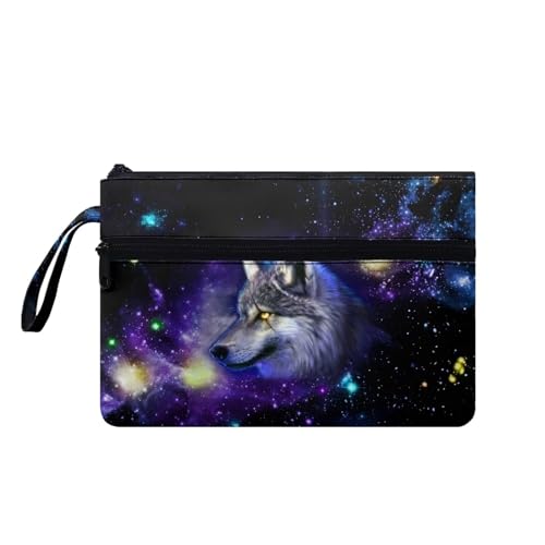 Suhoaziia Tragbare Damen-Handtaschen mit Handgelenk, Galaxie, Wolf, Kreditkartenhalter, Münzgeldbörse mit Vordertasche, Reißverschluss, Kosmetiktasche von Suhoaziia