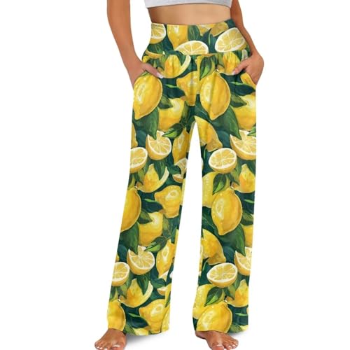 Suhoaziia Trendige Damenhose mit weitem Bein, Haremshose, Yogahose mit 2 Taschen, Petite/Regular/Tall, Zitronenmuster, M von Suhoaziia
