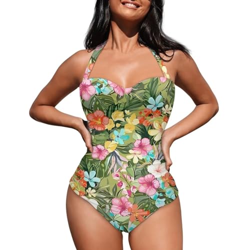 Suhoaziia Trends Badeanzug für Damen, einteilig, Bauchkontrolle, gerüscht, Badeanzug für Damen, sexy, bescheidene Bademode, Mehrfarbiges Blumenmuster, XL von Suhoaziia