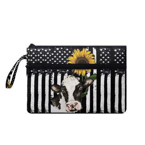 Suhoaziia Umschlag-Geldbörse für Damen, Handgelenk-Handtaschen, Kosmetik-Organizer, passend für Abend, Outdoor, Büro, Einkaufen, Kuh mit amerikanischer Flagge, Medium von Suhoaziia