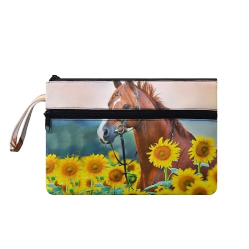 Suhoaziia Umschlag-Geldbörse für Damen, Handgelenk-Handtaschen, Kosmetik-Organizer, passend für Abend, Outdoor, Büro, Einkaufen, Sonnenblumenpferd, M von Suhoaziia