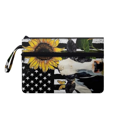 Suhoaziia Umschlag-Geldbörse für Damen, Handgelenk-Handtaschen, Kosmetik-Organizer, passend für Abend, Outdoor, Büro, Einkaufen, USA-Flagge, Kuh, Medium von Suhoaziia