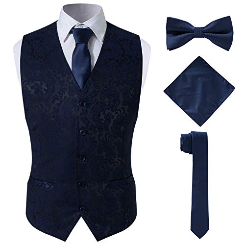 SuiSional Herren 4-teiliges Set aus klassischem Jacquard-Anzug mit Krawatte, Einstecktuch und Fliege - Blau - XL von SuiSional