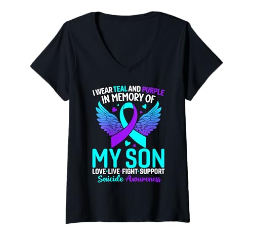 Damen Ich trage Blaugrün und Lila für Meinen Sohn Suizidprävention T-Shirt mit V-Ausschnitt Damen Ich trage Blaugrün und Lila für Meinen Sohn Suizidprävention T-Shirt mit V-Ausschnitt von Suicide Awareness Month Tees For Men Women