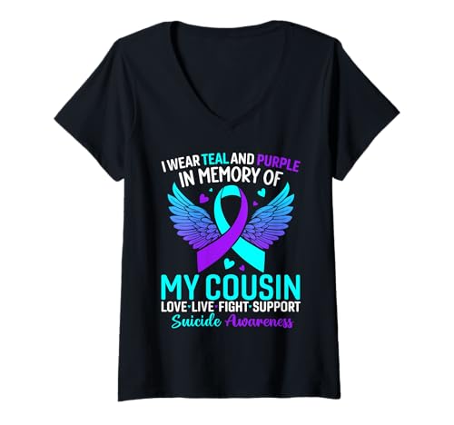Damen Ich trage Blaugrün und Lila zur Selbstmordprävention meines Cousins T-Shirt mit V-Ausschnitt Damen Ich trage Blaugrün und Lila zur Selbstmordprävention meines Cousins T-Shirt mit V-Ausschnitt von Suicide Awareness Month Tees For Men Women