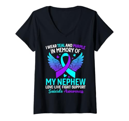 Damen Ich trage Blaugrün und Lila zur Selbstmordprävention meines Neffen T-Shirt mit V-Ausschnitt Damen Ich trage Blaugrün und Lila zur Selbstmordprävention meines Neffen T-Shirt mit V-Ausschnitt von Suicide Awareness Month Tees For Men Women