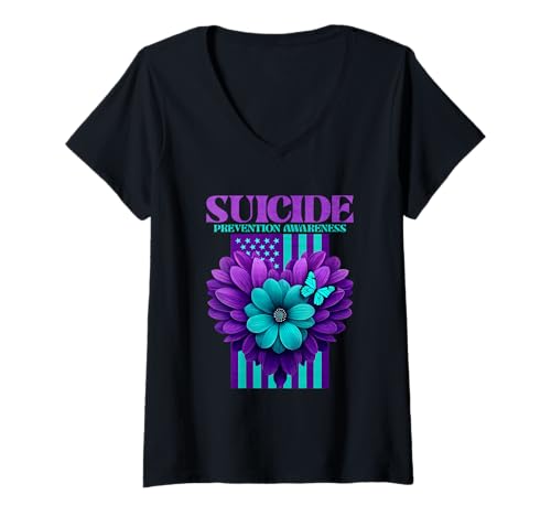Damen Suicide Prevention Awareness USA Flagge T-Shirt mit V-Ausschnitt von Suicide Prevention Awareness Mental Health