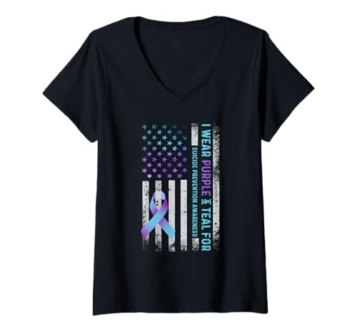 Damen US-Flagge I Wear lila und blaugrün Suicide Prevention Awareness T-Shirt mit V-Ausschnitt Damen US-Flagge I Wear lila und blaugrün Suicide Prevention Awareness T-Shirt mit V-Ausschnitt von Suicide Prevention Awareness Outfits for Women Men