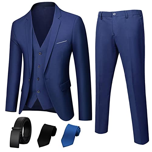 Suit King 3-teiliger Herrenanzug, Slim Fit, stilvolle Jacke, Hose, Weste, 2 Krawatten und Gürtel, perfekt für Hochzeiten, Business und mehr, Marineblau, S von Suit King