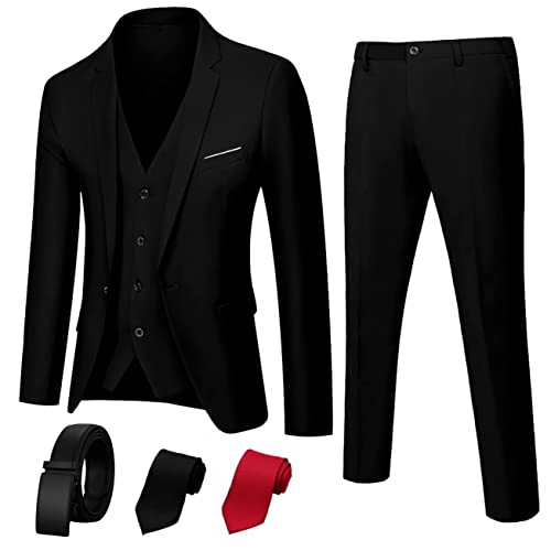 Suit King 3-teiliger Herrenanzug, Slim Fit, stilvolle Jacke, Hose, Weste, 2 Krawatten und Gürtel, perfekt für Hochzeiten, Business und mehr, Schwarz, M von Suit King