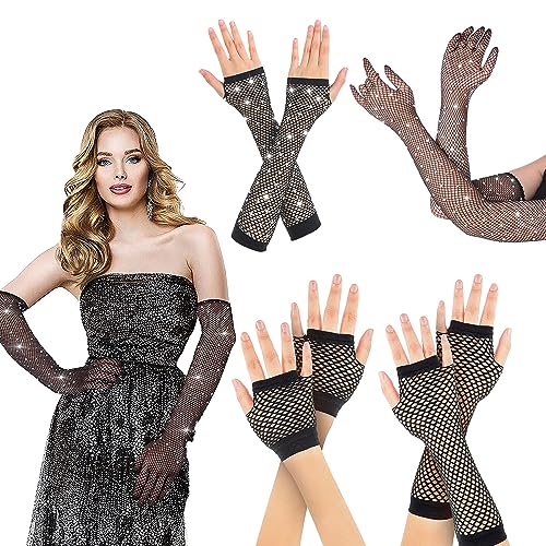 Suitedget 4 Paar Netzhandschuhe Schwarz Netzhandschuhe Lange und Kurze Großes Diamant-Fischernetz Heiße Strasshandschuhe Fischernetz Heiße Strasshalbfingerhandschuhe für 80er Kostümpartys von Suitedget