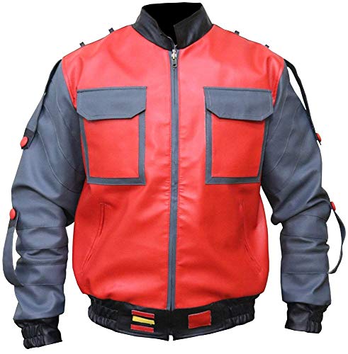 Herren-Bomberjacke, Rot und Grau, leicht, Back to The Futur, Teil 2, McFly Kunstleder, Bikerjacke, Rot/Grau, XXL von Suiting Style