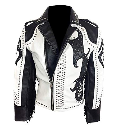 Suiting Style Herren Vintage Schwarz und Weiß Spike Nieten Punk Biker Motorrad Fransen Echtleder Jacke, schwarz / weiß, L von Suiting Style