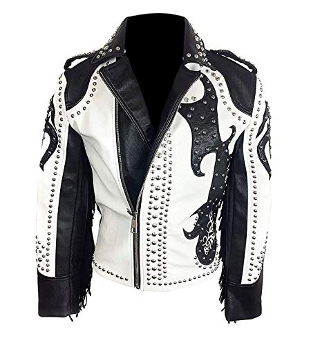 Suiting Style Herren Vintage Schwarz und Weiß Spike Nieten Punk Biker Motorrad Fransen Echtleder Jacke, schwarz / weiß, XXL von Suiting Style
