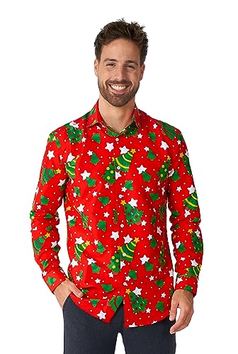 Suitmeister Herren Rotes Weihnachtshemd - Festlicher Feiertags-Weihnachtsbaum - Rot, Grün von Suitmeister