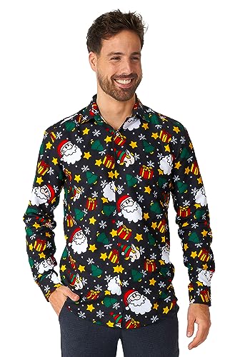 Suitmeister Schwarzes Weihnachtshemd für Herren - Hässlicher Weihnachten Holiday Icons Santa and Elves Print - Tailliert Party Kostüme - Schwarz - Langärmliges von Suitmeister