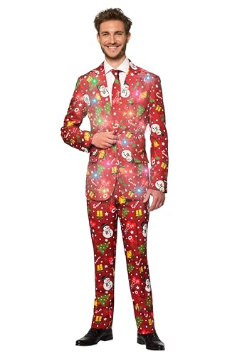 Suitmeister Weihnachtsanzüge für Herren mit LED Weihnachtsbeleuchtung - Christmas Red Icons - besteht aus Sakko, Hose und Krawatte - L von Suitmeister