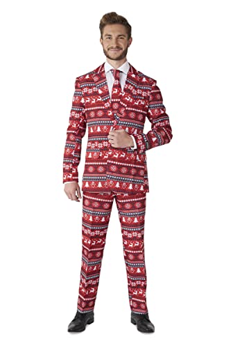 Suitmeister Weihnachtsanzug für Herren - Hässliches Feiertagsfestliches Nordisches Pixel-Outfit - Rot - Beinhaltet Blazer, Hose, Krawatte von Suitmeister