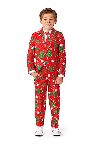Suitmeister Weihnachtsanzug für Jungen - Ugly Holiday Festive Weihnachten Trees & Stars Print - Rot - Inklusive Kinderblazer, Hose, Krawatte von Suitmeister