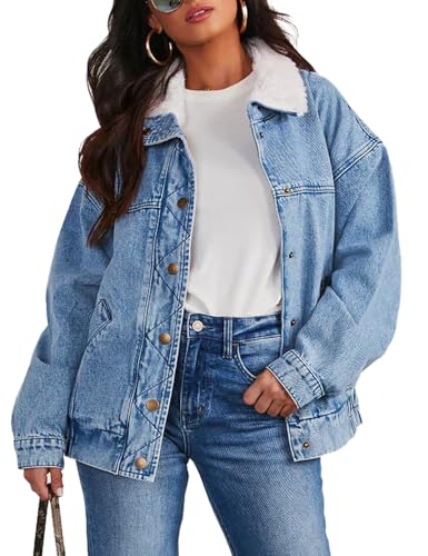 Sukany Damen Casual Button Up Denim Jacke Winter Warm Kunstpelz Revers Langarm Jeansjacke Mantel, blau, L von Sukany