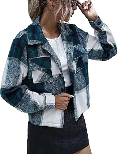 Sukany Damen Casual Cropped Plaid Shacket Flanell Wollmischung Button Down Langarm Kurze Jacken Mantel, grün, 46 von Sukany