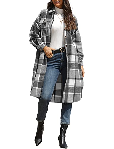 Sukany Damen Casual Revers Wollmischung Lang Plaid Shirt Button Down Langarm Jacke Shacket, Schwarz , 46 von Sukany