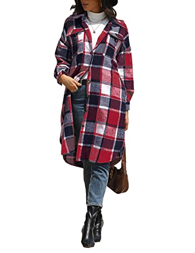 Sukany Damen Casual Revers Wollmischung Lang Plaid Shirt Button Down Langarm Jacke Shacket, Vintage Rot, 36 von Sukany