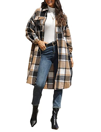 Sukany Damen Casual Revers Wollmischung Lang Plaid Shirt Button Down Langarm Jacke Shacket, khaki, 48 von Sukany