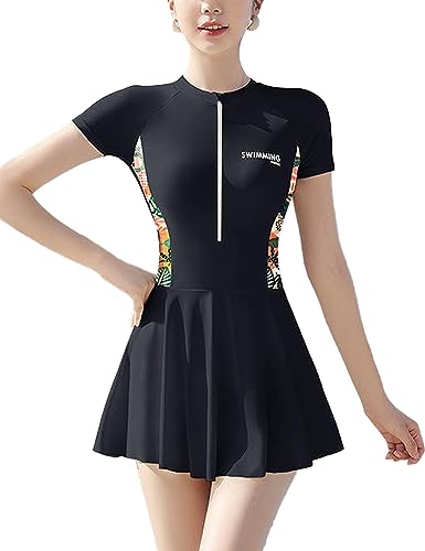 Sukany Damen Einteiliger Badeanzug Reißverschluss Colorblock Kurzarm Winddicht Bademode mit Rock, Schwarz02, L von Sukany