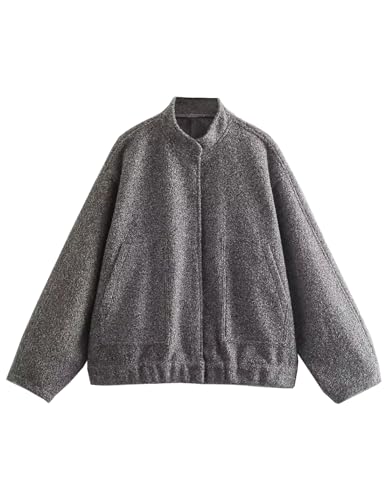 Sukany Damen Oversized Wollmischung Bomberjacke Button Down Lose Varsity Langarm Casual Jacke Shacket Mantel, grau, 38 Sukany Damen Oversized Wollmischung Bomberjacke Button Down Lose Varsity Langarm Casual Jacke Shacket Mantel, grau, 38 von Sukany