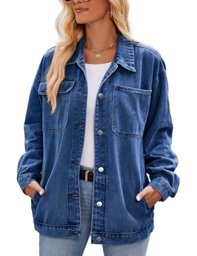 Sukany Damen Retro Casual Denim Jacke Oversized Button Up Langarm Lose Revers Gewaschener Denim Shacket Mantel, dunkelblau, L von Sukany