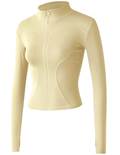 Sukany Damen Slim Fit Leichte Athletic Full Zip Stretchy Workout Running Trainingsjacke mit Daumenlöchern, gelb, M von Sukany
