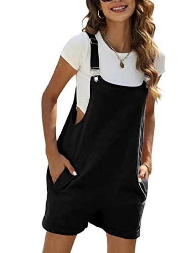 Sukany Damen Sommer Casual Baumwolle Leinen Kurze Overalls Verstellbare Träger Bib Shortalls mit Taschen, Schwarz , 42 von Sukany