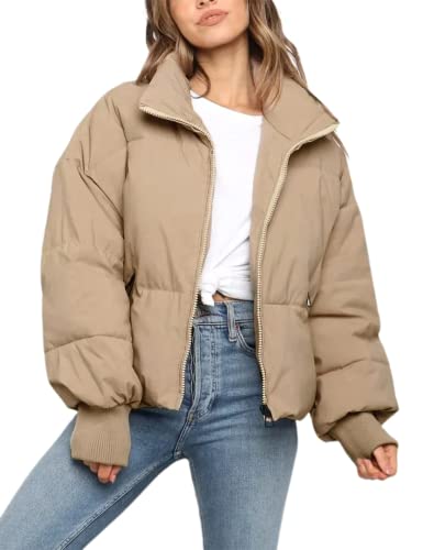 Sukany Damen Winter Casual Gepolstert Full Zip Stehkragen Langarm Puffer Jacken Mantel Kurz Down Warm Steppjacke, khaki, 42 von Sukany