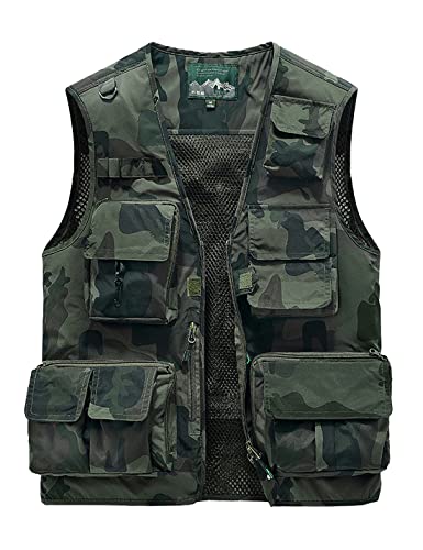 Sukany Herren Freizeit Outdoor Arbeit Safari Angeln Reise Cargo Weste Jacke Foto Mesh Weste Multi Taschen, Camouflage Army Grün, M von Sukany