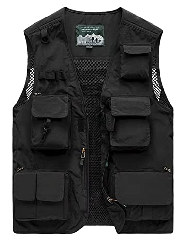 Sukany Herren Freizeit Outdoor Arbeit Safari Angeln Reise Cargo Weste Jacke Foto Mesh Weste Multi Taschen, Schwarz , S von Sukany