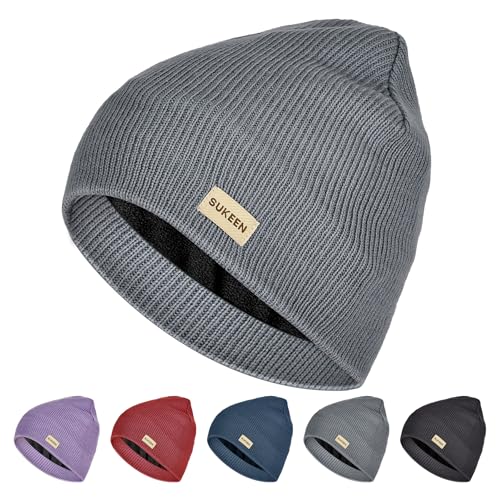 Sukeen Wasserabweisende Winddichte Beanie Wintermütze Herren Damen Mütze Herren Strickmütze Warme Beanie mit Polarfleece Warmem Futter, Unisex-Strickmütze für Outdoor-Sport Laufen Radfahren–Grau von Sukeen