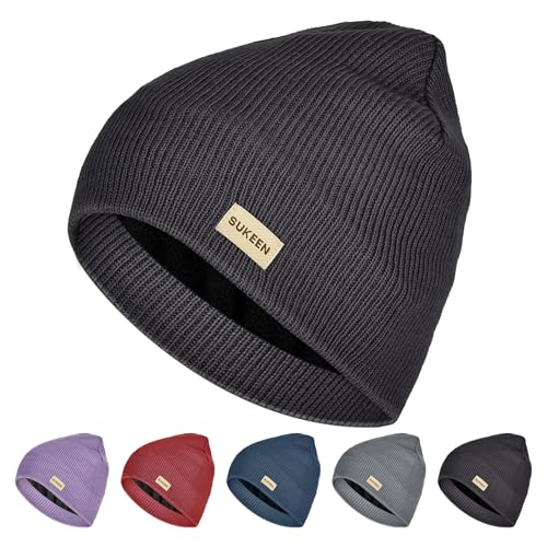 Sukeen Wasserabweisende Winddichte Beanie Wintermütze Herren Damen Mütze Herren Strickmütze Warme Beanie mit Polarfleece Warmem Futter, Unisex-Strickmütze für Outdoor-Sport Laufen Radfahren–Schwarz von Sukeen