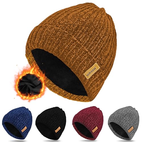 Sukeen Weiche Warme Beanie für Herren Damen, Mütze Herren Strickmütze Wintermütze Dehnbare Strickmütze mit Dickem,Warmem Futter,Klassische Unisex-Strickmütze in Einheitsgröße-Braun von Sukeen