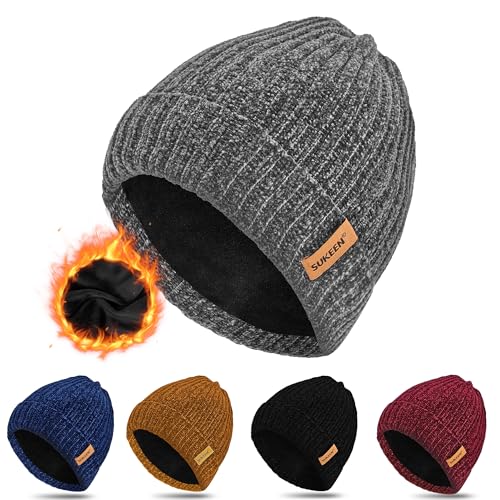 Sukeen Weiche Warme Beanie für Herren Damen, Mütze Herren Strickmütze Wintermütze Dehnbare Strickmütze mit Dickem,Warmem Futter,Klassische Unisex-Strickmütze in Einheitsgröße-Grau von Sukeen